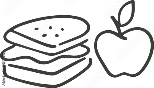 Minimal black line-art sandwich and apple icon representing healthy packed lunch for school children