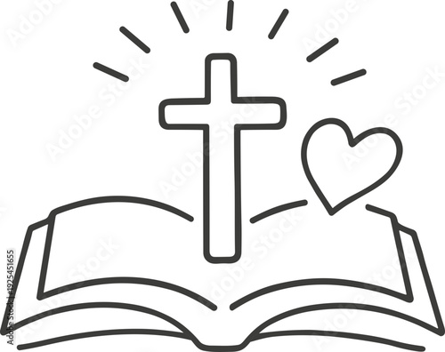 Minimalist line drawing of an open Bible with a radiant cross and heart symbol for faith and love