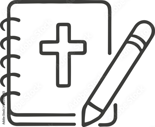 Bible study notebook icon with cross and pencil for faith journaling, devotion and scripture notes