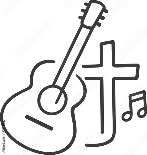 Hand-drawn worship icon of acoustic guitar, Christian cross and musical note for church use
