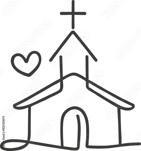 Simple line art drawing of a church with a heart symbol, representing faith and love