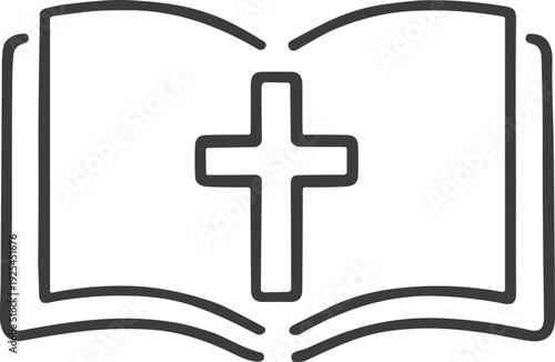 Open bible with a cross symbol on its pages, a simple line art illustration