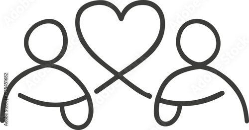 Simple line art illustration of two people connected by a heart symbol, representing love and unity