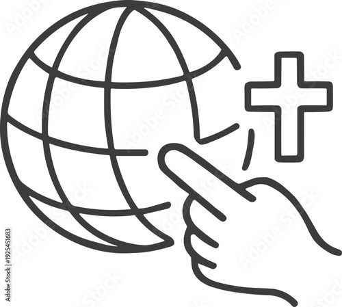 Global Christian outreach and digital evangelism concept with a hand touching the world