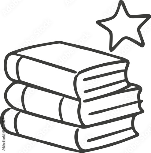 Stack of three books with a star above, simple line art illustration