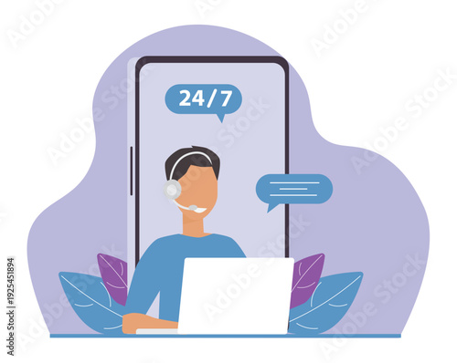 Call center, help desk, operator in headset communicates via smartphone, online digital communication