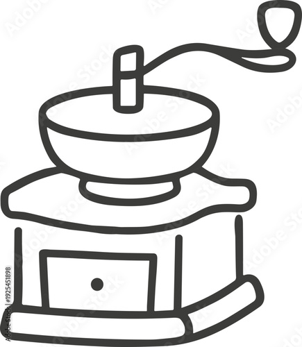 Vintage manual coffee grinder line illustration with crank handle and wooden drawer base