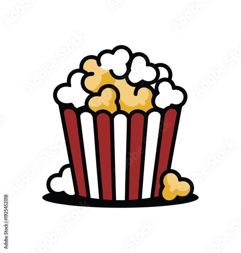 A cartoon illustration of a red and white striped popcorn bucket