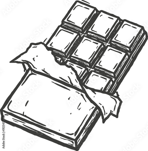 Hand-drawn sketch of a delicious chocolate bar with wrapper partially peeled back
