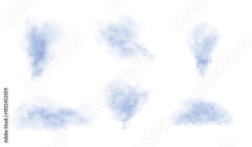 Blue dust powder with flying sand smog, dust haze cloud overlay texture, random sandy-smoke splashes vector set