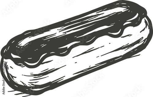 Hand drawn sketch of a delicious chocolate eclair pastry with icing on top
