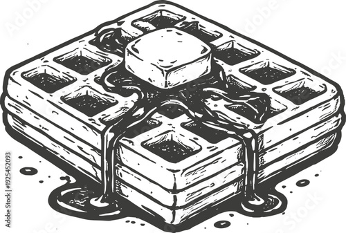 Hand-drawn sketch of stacked Belgian waffles with melting butter and syrup in vintage ink style