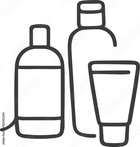 Minimal black line drawing of three toiletry bottles and a tube on a white background