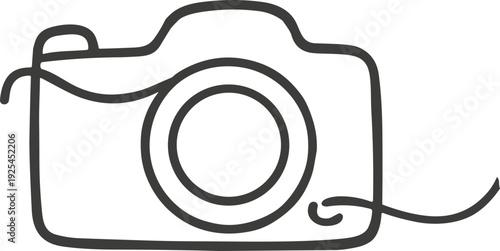 Hand-drawn camera outline sketch with looping strap minimalist black line illustration
