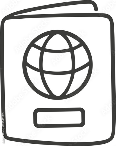 Simple line drawing of a passport with a globe icon on the cover for travel