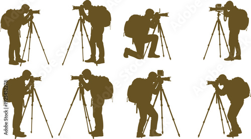 Photographer silhouettes with professional camera gear and tripod set collection