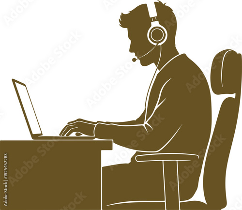 Person wearing headset works on laptop computer at desk with chair