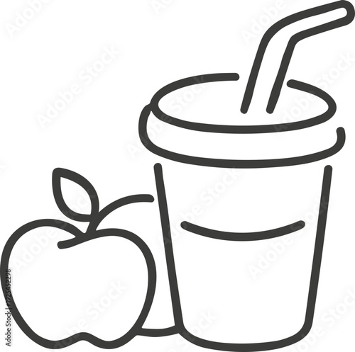 Simple line art icon of an apple next to a cup with a straw, representing healthy food and drink