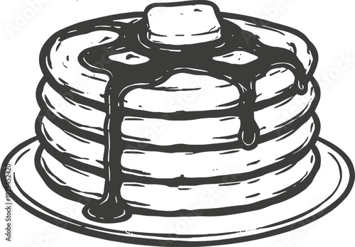 Hand-drawn stack of fluffy pancakes with melting butter and syrup drizzle on a plate illustration