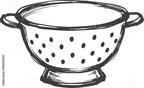 Hand-drawn vintage metal colander illustration with dotted perforations and side handles