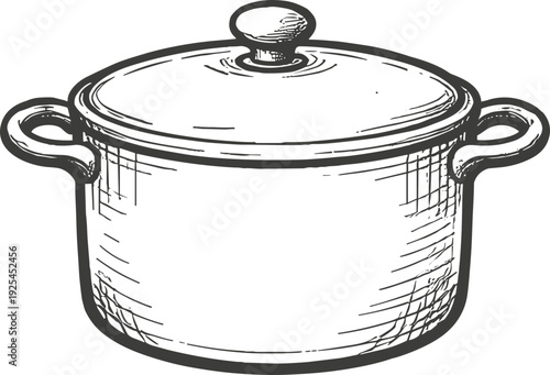 Hand-drawn cooking pot with lid and handles ink sketch isolated on white background, vintage