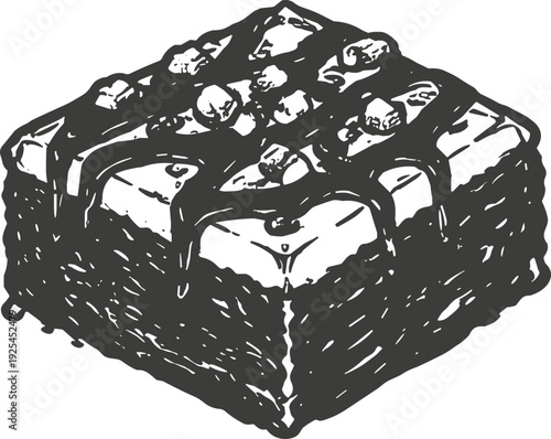 Hand-drawn sketch of a rich chocolate brownie with nuts and icing drizzled on top