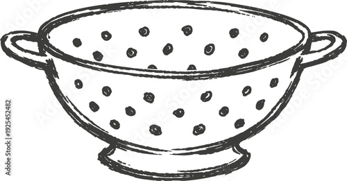 Hand-drawn kitchen colander with handles and dotted perforations in vintage sketch style