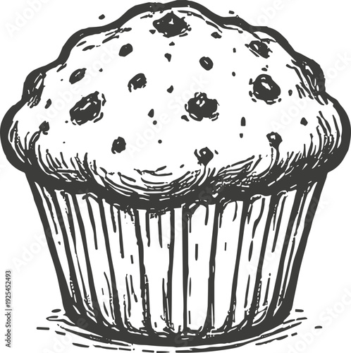 Hand-drawn sketch of a delicious chocolate chip muffin in a paper liner