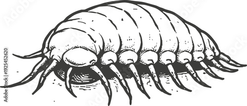 Detailed vintage black and white illustration of a woodlouse isopod showing segmented body