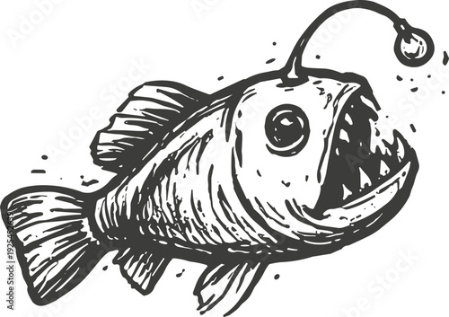 Hand-drawn anglerfish illustration with bioluminescent lure vintage sketch style for design