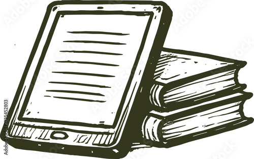 Ebook reader device leaning against a stack of traditional books, representing digital vs print