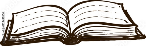 Vintage hand-drawn open book illustration with rustic ink line art and detailed pages