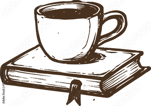 Cozy morning ritual of coffee and book, hand-drawn sketch illustration