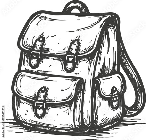 Vintage leather backpack sketch with buckles and straps, perfect for travel and school