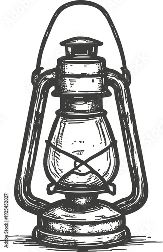 Vintage hand-drawn kerosene lantern engraving illustration with rustic details for retro design