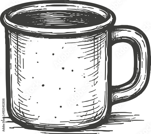 Hand-drawn vintage enamel mug sketch in black ink with rustic speckled surface and handle
