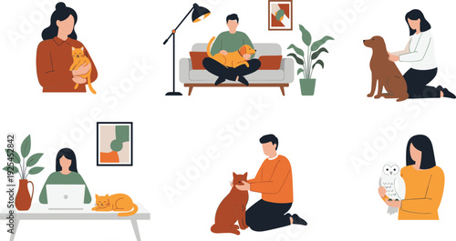 Pet Owners and Animal Lovers Set with People Caring for Dogs Cats and Owl at Home Vector Illustration Collection