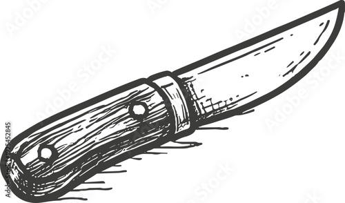 Hand-drawn vintage wood-handled hunting knife illustration in black and white engraving style