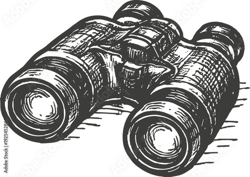 Vintage binoculars illustration with a sketch-like artistic style and detailed texture