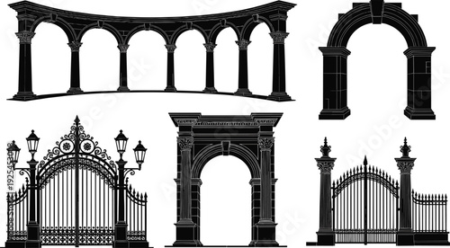 Black silhouette vector set of classical architectural elements including ornate wrought iron gates stone arches and tall marble columns for luxury estate exterior design