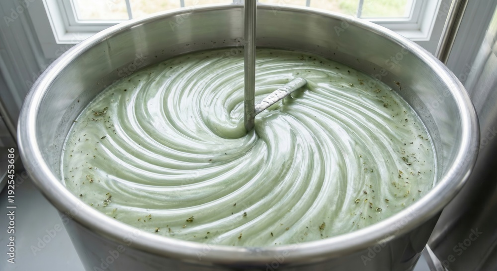 Fototapeta premium Industrial mixer stirring green liquid in stainless steel vat