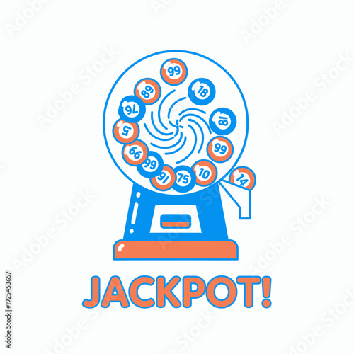 A flat design illustration of a lottery machine with numbered balls and the word "JACKPOT!" below it, symbolizing winning and luck.