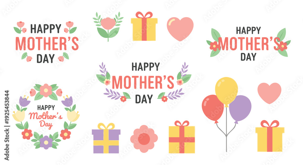 Obraz premium Happy mothers day icon set with flowers gifts and balloons