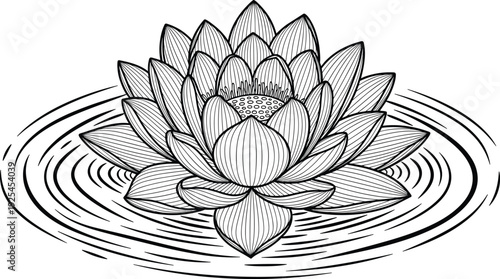 Black and white line art vector illustration of lotus flower with rippling water, symbolizing purity, tranquility, and spiritual awakening for creative and cultural projects.