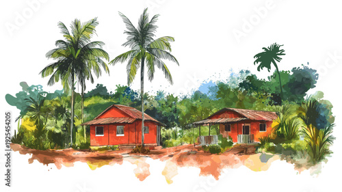 Saint-Laurent-du-Maroni Camp. Saint-Laurent-du-Maroni Camp hand drawn watercolor illustration