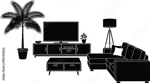 Black-and-white vector silhouette illustration of modern living room interior with sofa, coffee table, television console, potted palm tree, floor lamp, and decorative accents