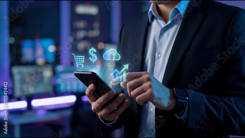Wallpaper Mural Medium close-up of a professional holding a smartphone as small digital commerce and finance icons appear above the screen alongside a rising arrow, subtle thumb interaction with slow cinematic push-i Torontodigital.ca