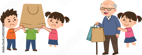 Cartoon children teamwork, kids carrying bag, girl helping elderly man, intergenerational support, cooperation, kindness, social values, childhood responsibility illustration
