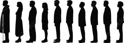 PrintHuman silhouettes, diverse figures, standing people, queue line, social behavior, posture variation, attire diversity, minimal design, crowd illustration, professional a