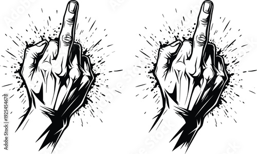 Bold black-and-white vector illustration of offensive middle finger gesture with ink splatter effect, rebellious hand sign symbolizing anger, defiance, protest, and attitude